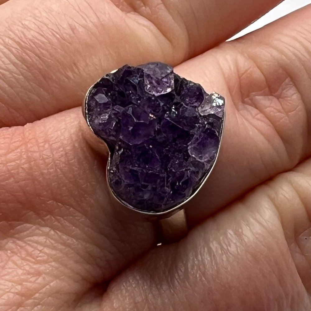 Amethyst Heart Druze Ring Size 8 - Sterling Silver